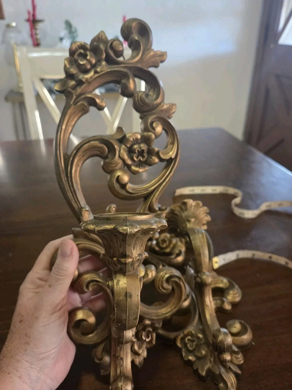 Homco 4118 Vintage Gold Wall Sconce Candle Holder Ornate Resin USA 15”(C34)